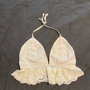 Butter yellow halter top with lace trim
